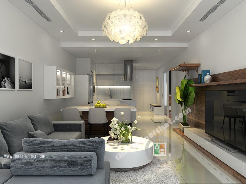 Thiết kế phòng khách hiện đại, tiên nghi với đồ nội thất nhỏ gọn và cách sắp xếp khoa học hợp lí giúp tiết kiệm diện tích căn phòng