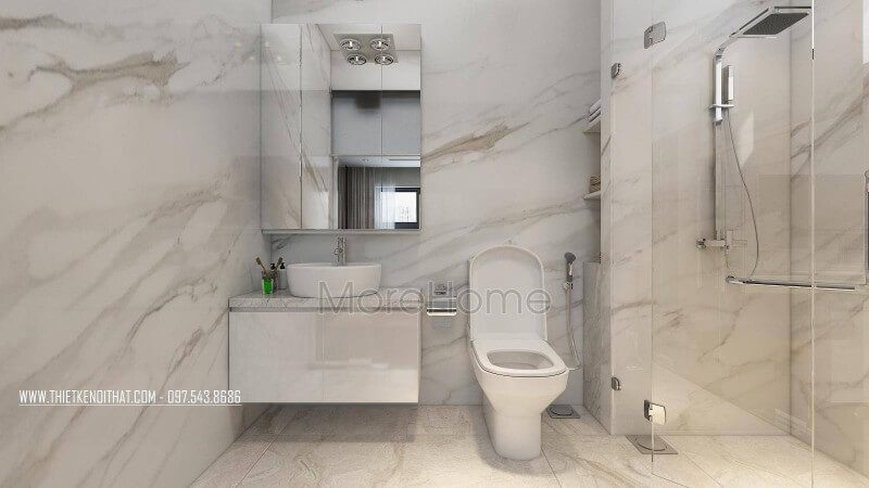 .
Tường và sàn nhà trong phòng tắm được ốp đá nhân tạo vân mây cao cấp giúp tạo ra sự sáng bóng.